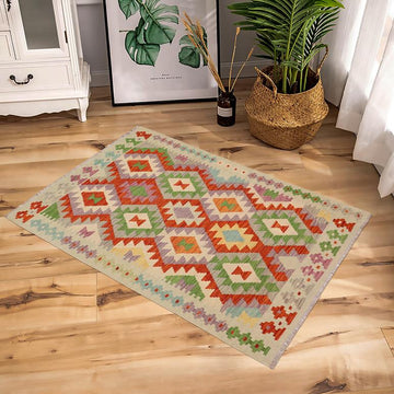 Flat Weave Kilim, Antique, Navaho, Vintage, Handmade, Geometric Kilim Rust Blue Hand-Woven Rectangle 100% Wool Area Rug 3 x 5